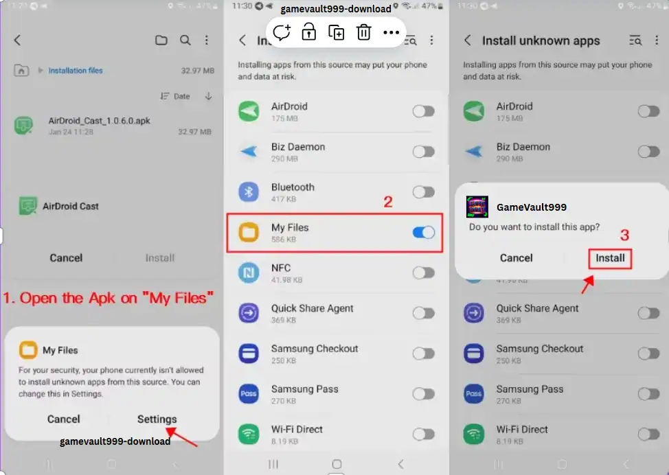 Android install prompt for Game Vault 999 app